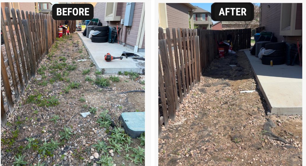 Side yard before and after: weedy gravel cleared and reset